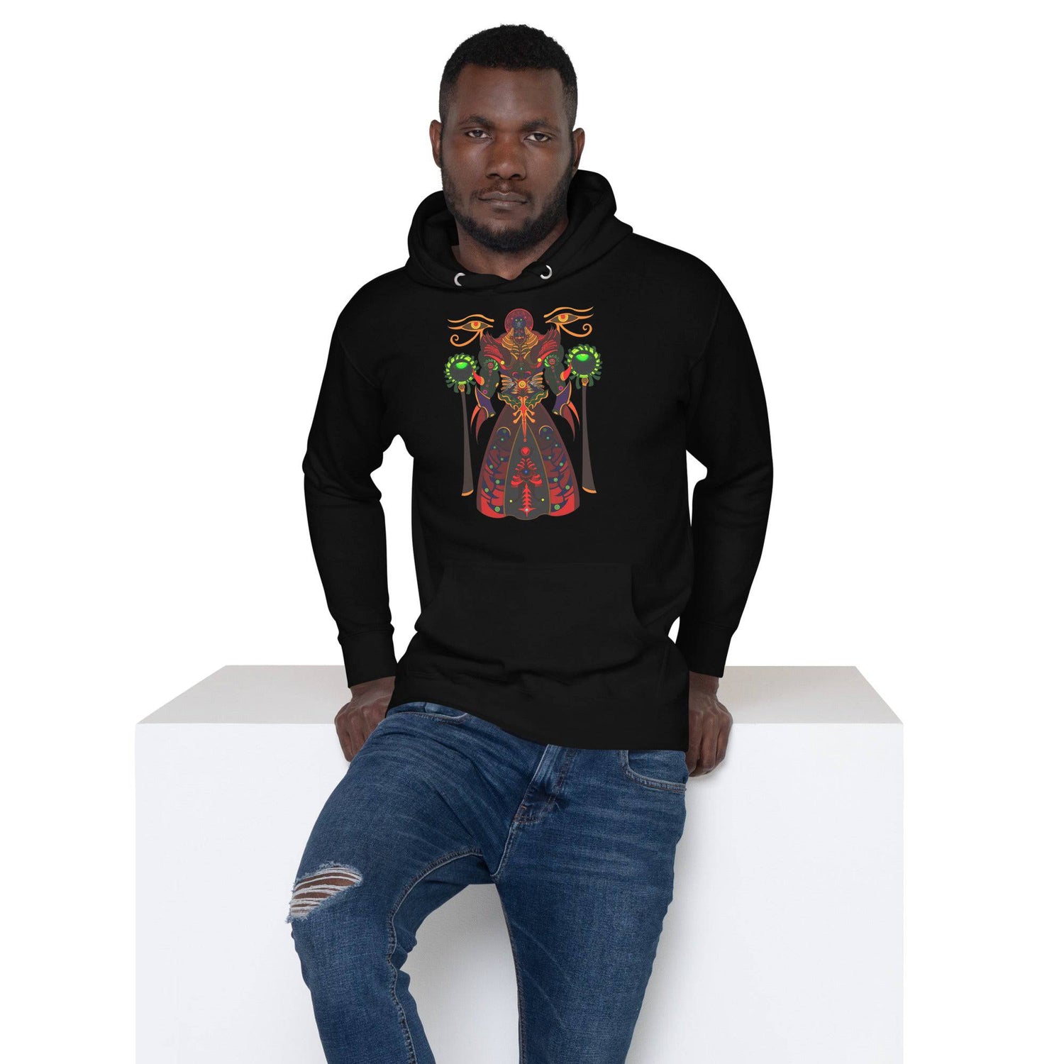 Pharaoh Unisex Hoodie featuring a bold pharaoh graphic design, premium streetwear hoodie with artistic ancient Egyptian artwork by AJArtzzz Clothing
